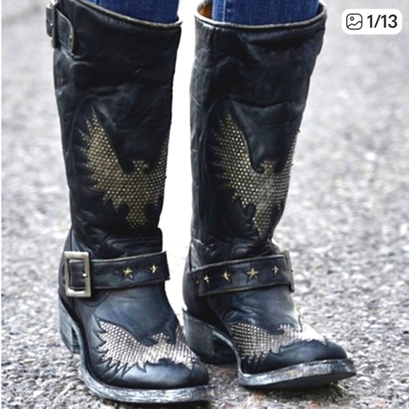 Old Gringo Shoes - OLD GRINGO MEXICANA Black Leather Iron Eagle Studded Biker Boots 9.5 10 Like New